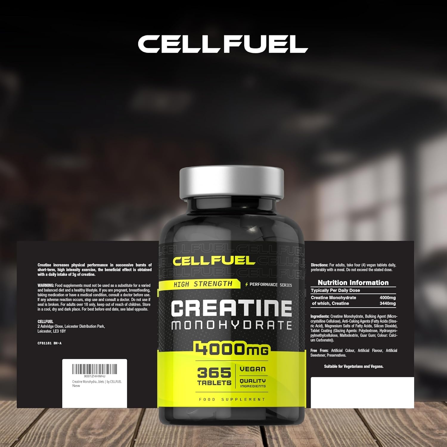 Creatine Monohydrate Tablets 4000Mg | High Strength | 365 Vegan Pills | by CELLFUEL