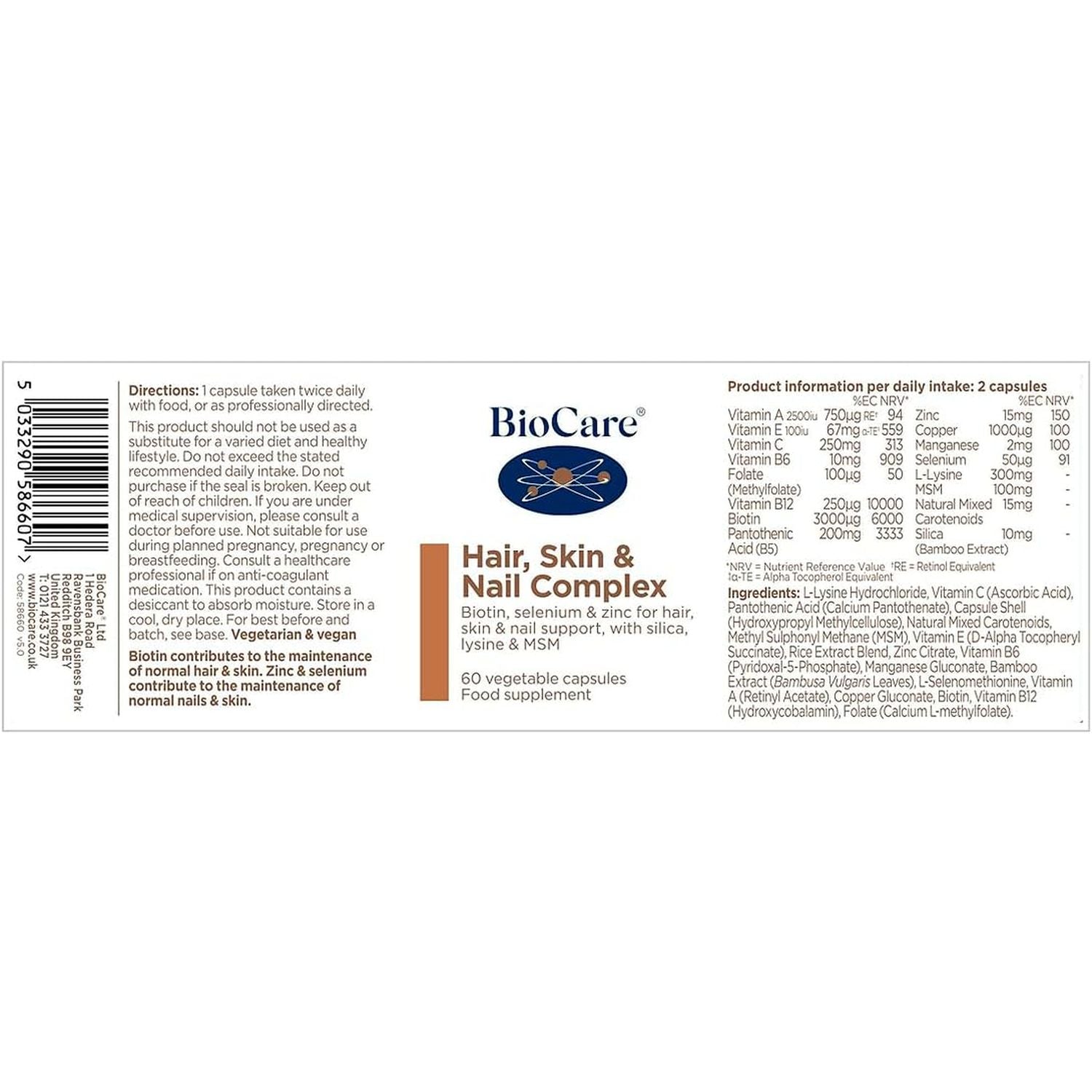 Biocare Hair, Skin & Nail Complex - with Biotin, Selenium, Zinc, Silica, Lysine & MSM - 60 Capsules