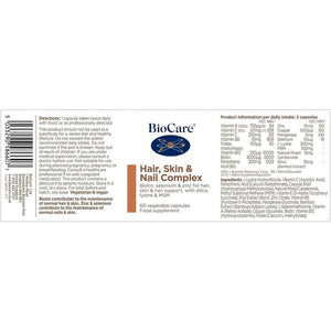 Biocare Hair, Skin & Nail Complex - with Biotin, Selenium, Zinc, Silica, Lysine & MSM - 60 Capsules