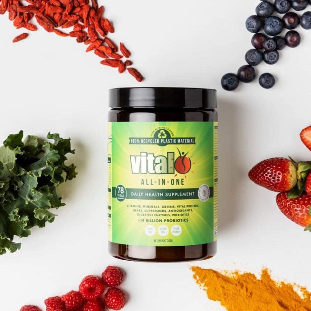 Vital All in One Daily Health Supplement 120GM | Vital Greens, Vegan, 70 Vital Ingredients - Vitamins, Minerals, Greens, Cultures, Digestive Enzymes, Vegetables