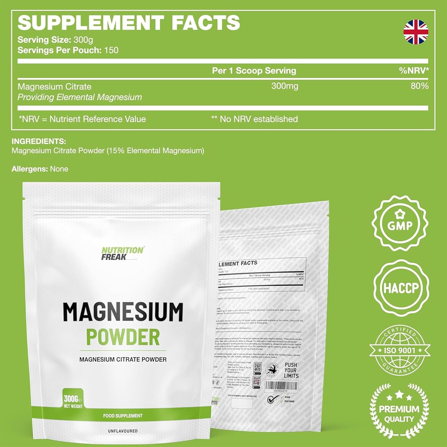 Nutrition Freak Magnesium Powder 300G - Premium Fully Reacted Magnesium Citrate Powder Suitable for Men & Women UK Made