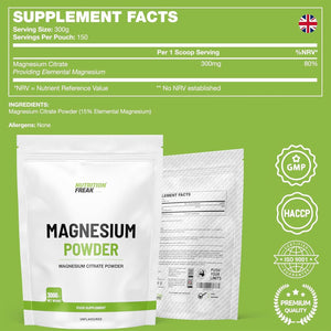 Nutrition Freak Magnesium Powder 300G - Premium Fully Reacted Magnesium Citrate Powder Suitable for Men & Women UK Made