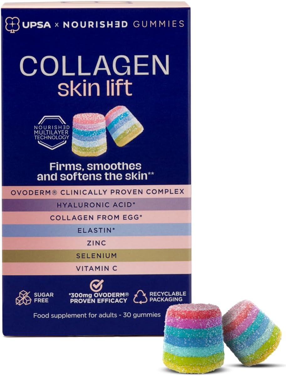 UPSA X Nourished 7-In-1 Skin Lift Collagen Gummies for Women - Vegetarian Collagen, Ovoderm® Complex, Vitamin C, Multivitamins - Collagen Supplements Skin Firmness and Smoothness - 30 Gummies