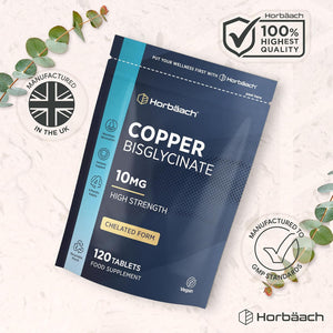 Copper Bisglycinate 10Mg | Chelated Form | High Strength Copper Supplement | 120 Vegan Tablets | Horbaach