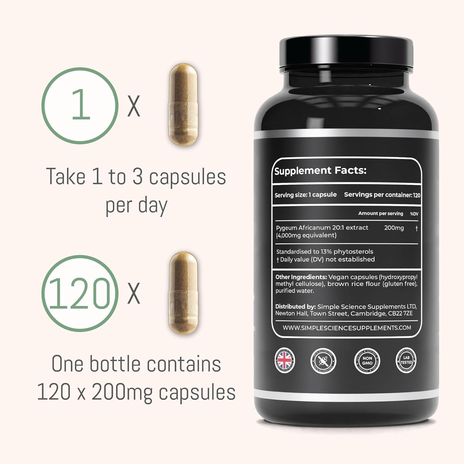 PYGEUM AFRICANUM 4,000MG Equivalent | 120 Capsules | 200MG of 20:1 Extract | 13% Phytosterols | Lab Tested | Prostate Health Supplement | 100% Natural and Non-Gmo