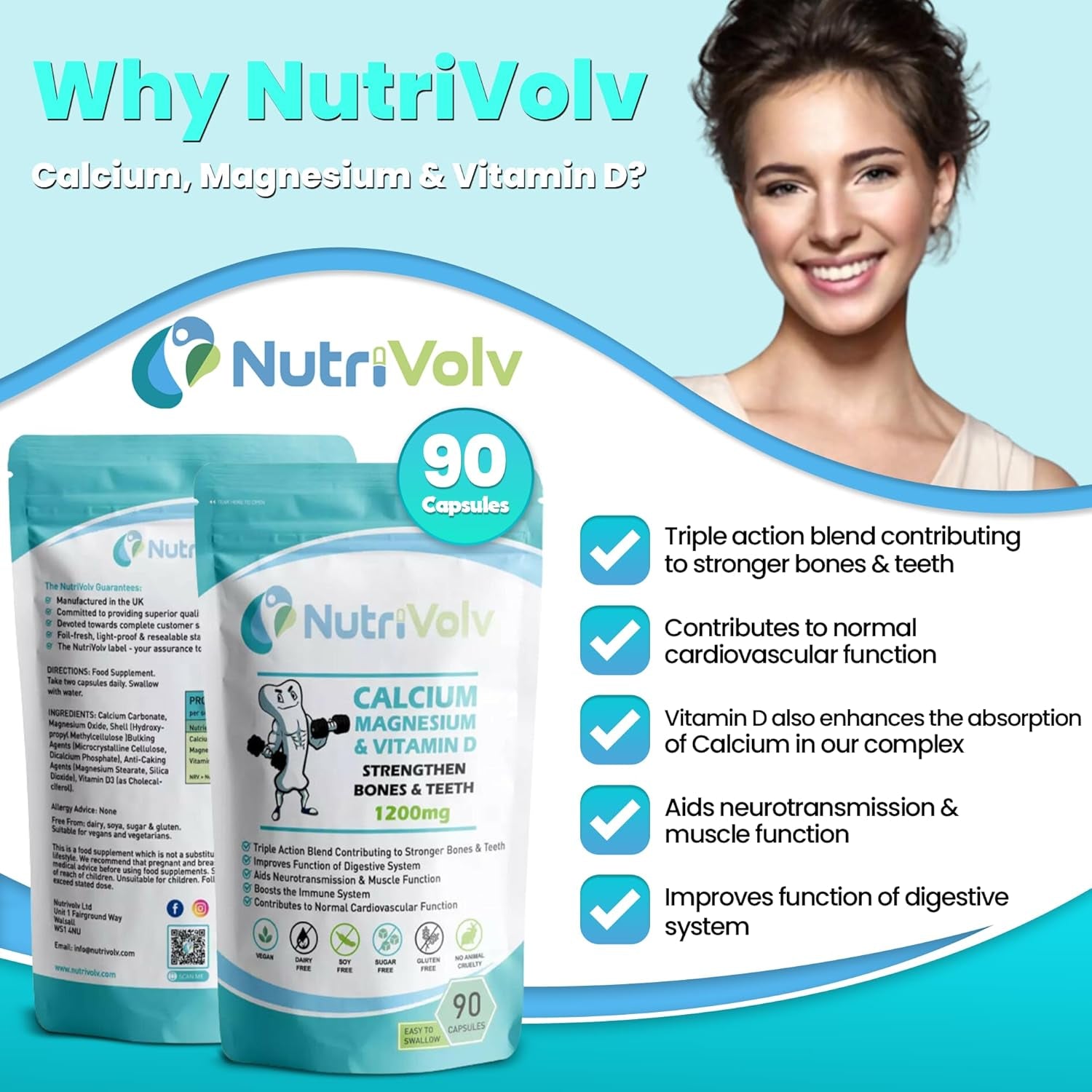 Calcium Magnesium & Vitamin D High Strength Vegan Capsules Strengthen Bones & Teeth & Joints Support | 90 Capsules