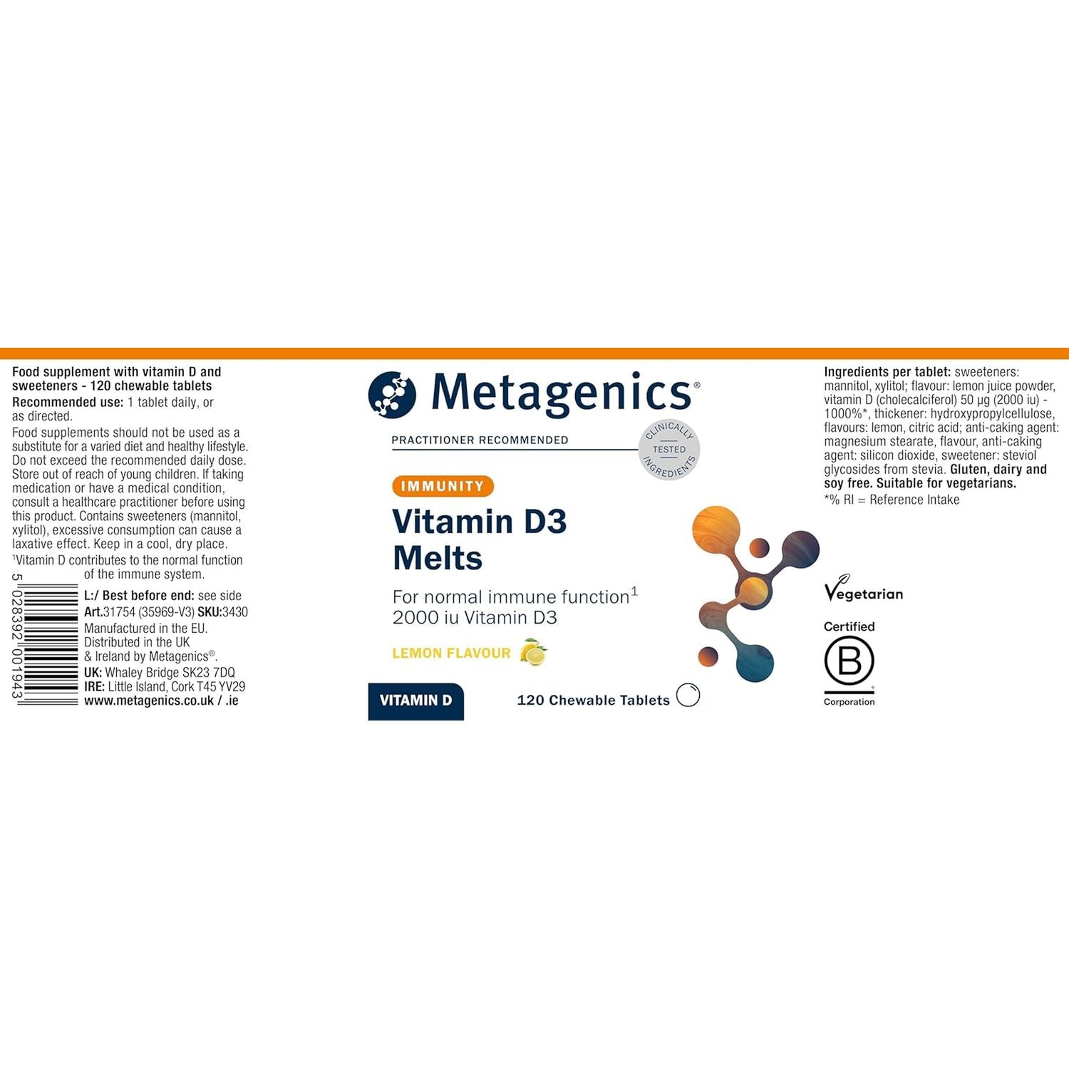 Metagenics Vitamin D3 2000Iu Chewable Lemon Melts - Adults & Children over 6 - Immune Support, Normal Bones, Muscle Function - 120 Tablets