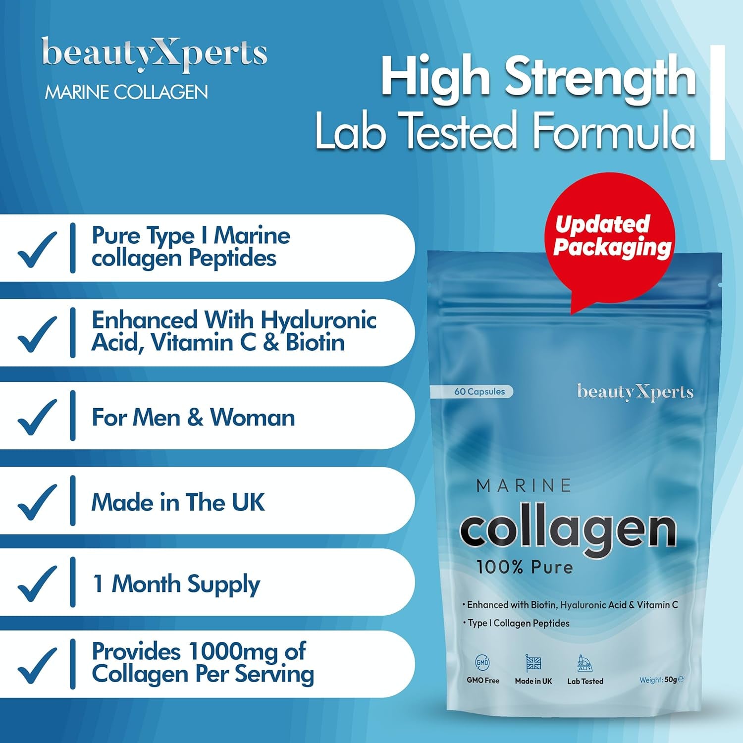 Marine Collagen Capsules | with Biotin, Hyaluronic Acid & Vitamin C | High Strength Pure Collagen Peptides Supplements for Women and Men | 60 Capsules (Not Tablets or Powder)