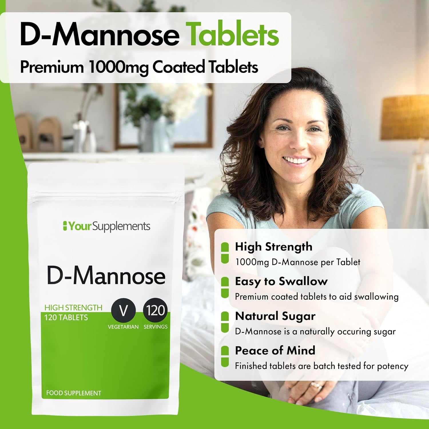 D-Mannose Tablets 1000Mg | Easy Swallow Coated Tablets | 120 Pack | High Strength | Natural Relief & Vegan Friendly