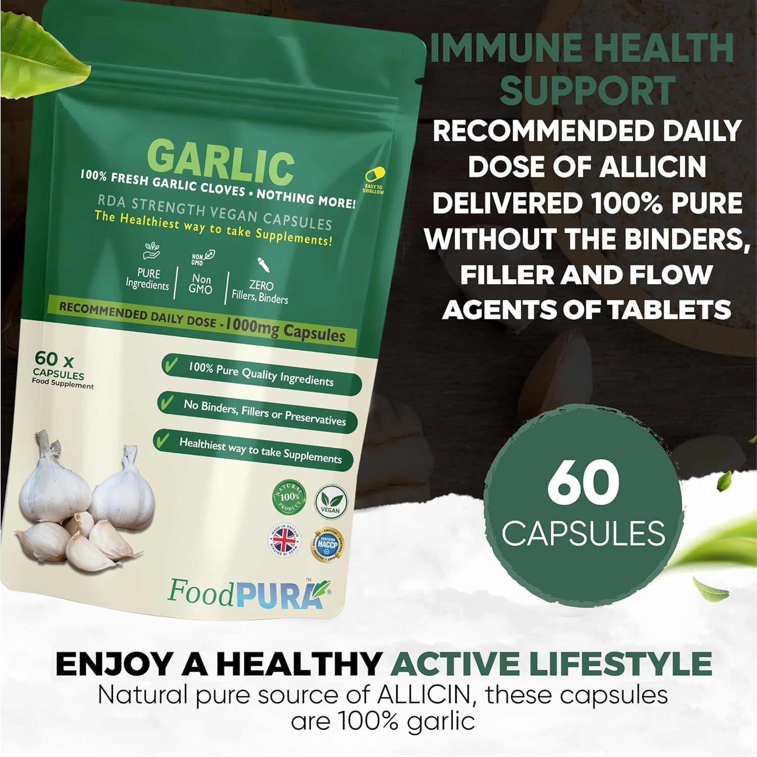 Foodpura 60 X Pure Garlic Capsules Recommended Daily Strength 1000Mg - Capsules Are the SAFEST Way to Take Any Supplement! HACCP Certified, Manufactured in the UK.