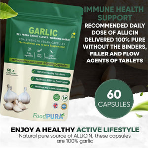 Foodpura 60 X Pure Garlic Capsules Recommended Daily Strength 1000Mg - Capsules Are the SAFEST Way to Take Any Supplement! HACCP Certified, Manufactured in the UK.