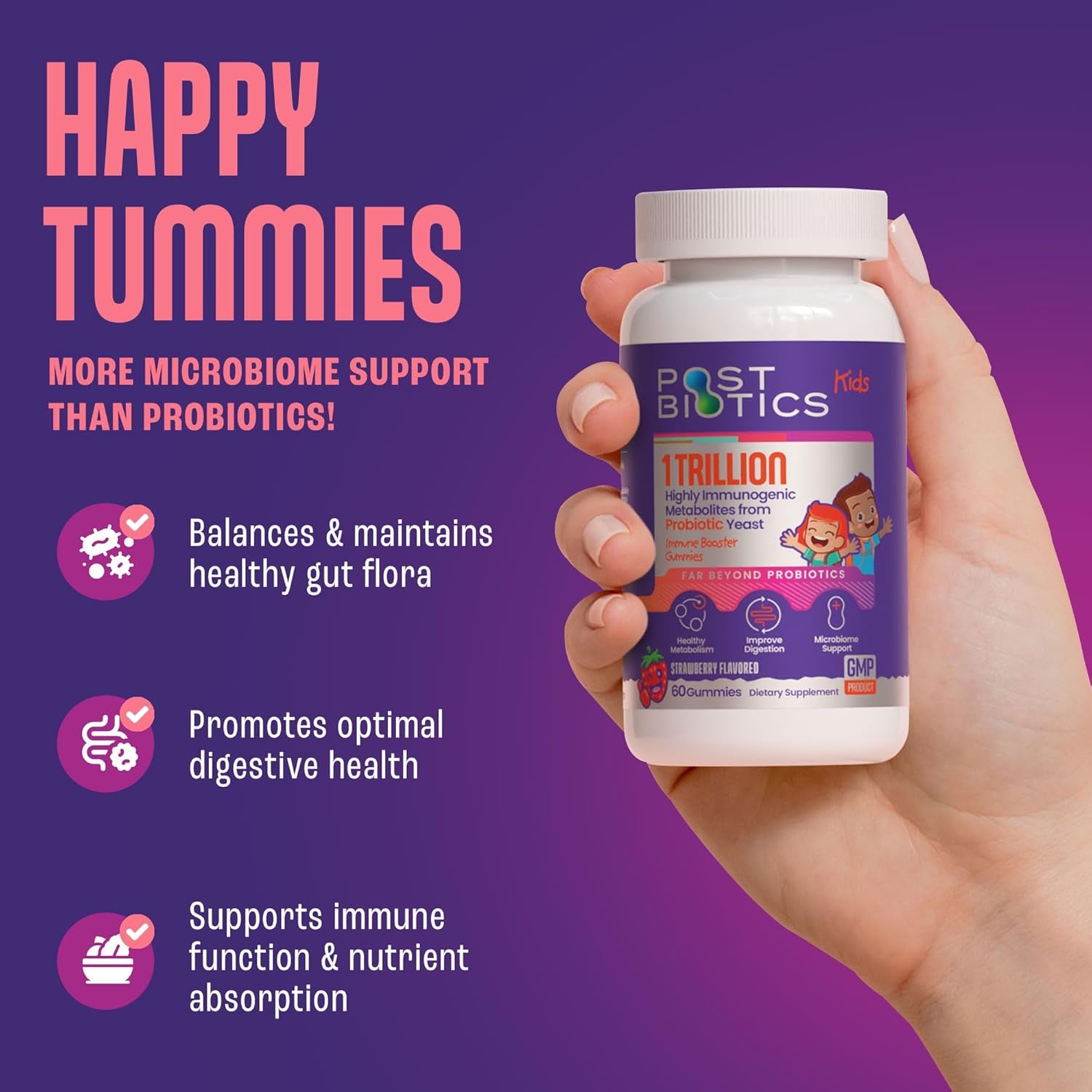 NAVEH PHARMA Postbiotics Kids Strawberry Gummies. Children’S Postbiotics, Ages 4+, 1 Trillion Good Bacteria 200X Ingredients than Probiotic or Prebiotic. Gut Health, Immunity, Digestion & Microbiome