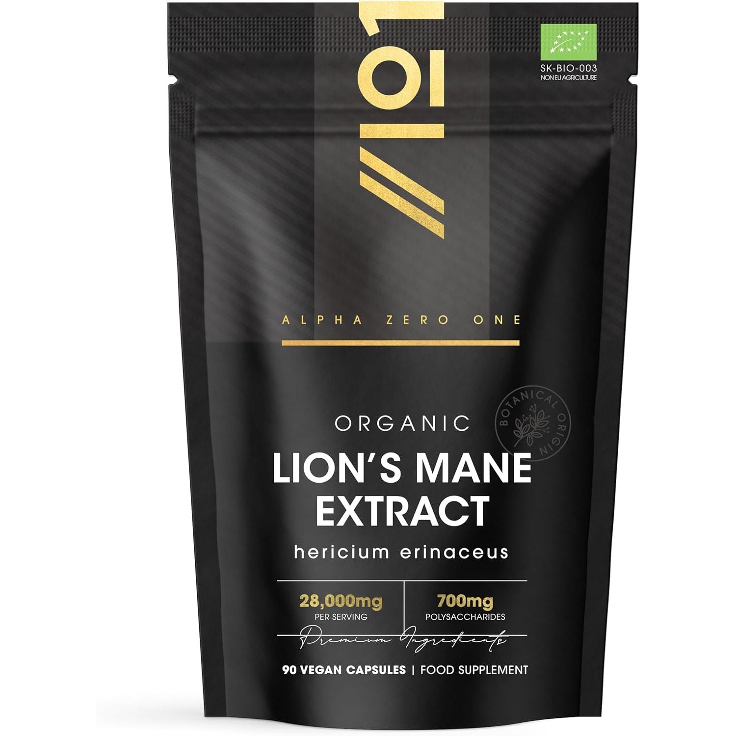 Organic Lions Mane Supplement 28,000Mg – 50% Polysaccharides (700Mg) – 90 Vegan Capsules – High Strength Mushroom Supplement – Resealable and Recyclable Pouch – by Alpha01
