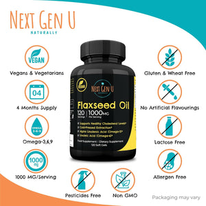 Flaxseed Oil Capsules - 1000 Mg - 120 Vegan Soft Gels - High in Omega 3, 6, 9 - Cold Pressed Flax Seed Formula - 4 Months Supply - by Nextgenu