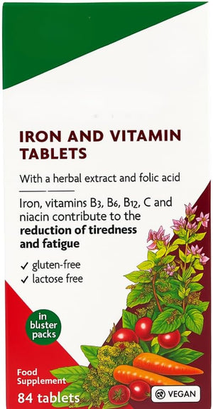 Flora Iron and Vitamin Supplement, Gluten-Free, Lactose-Free - 84 Vegan Tablets (Pack of 2) 168 in Total