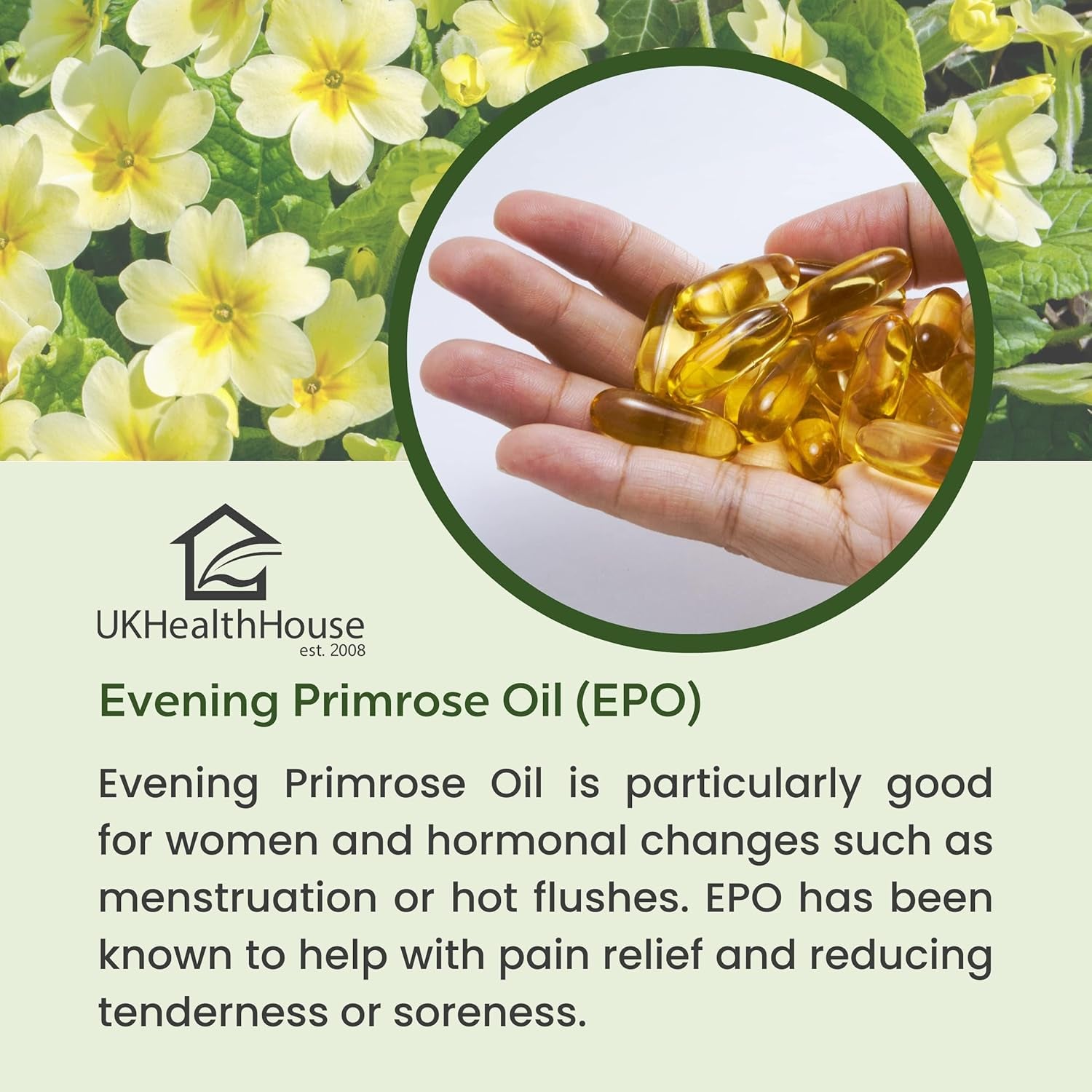 Ukhealthhouse Evening Primrose Oil – EPO Capsules, 1000Mg X 180 Softgels – High Strength Omega 6 GLA Content – Great for Skin, Immune System, Hormonal Pain, Hot Flushes & Women’S Health