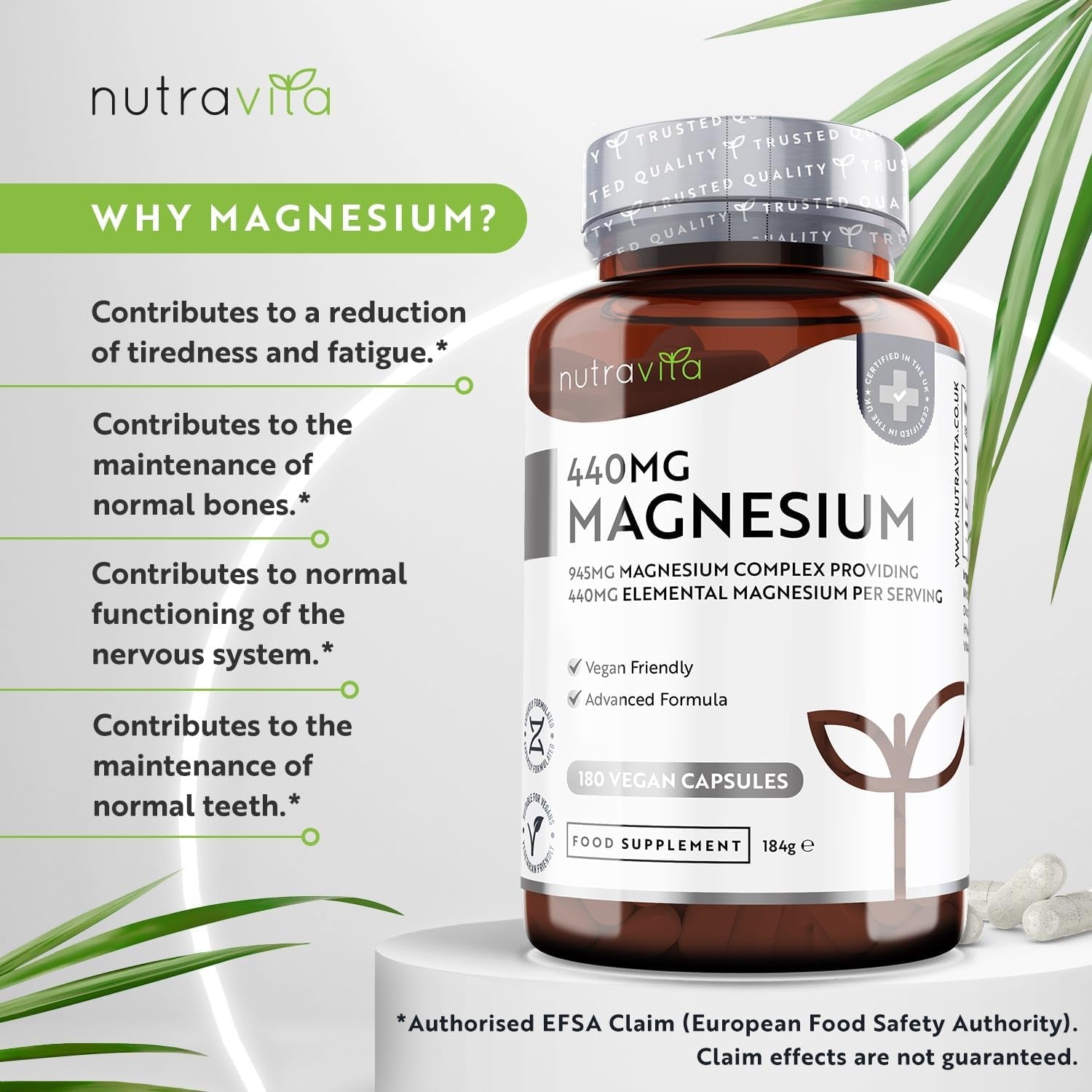 Super Strength 1480Mg – 180 Vegan Magnesium Citrate Capsules Not Magnesium Tablets – High Absorption, Premium Magnesium Supplements – 90 Days Supply – Made in the UK by Nutravita