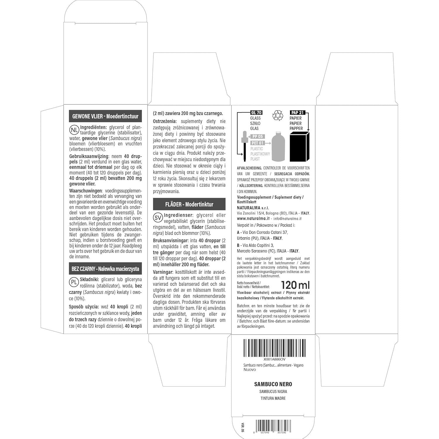 Black Elder (Sambucus Nigra) Flowers (Elderflower) and Fruits (Elderberry) Alcohol-Free Mother Tincture Naturalma - Liquid Extract Drops 120 Ml - Food Supplement - Vegan