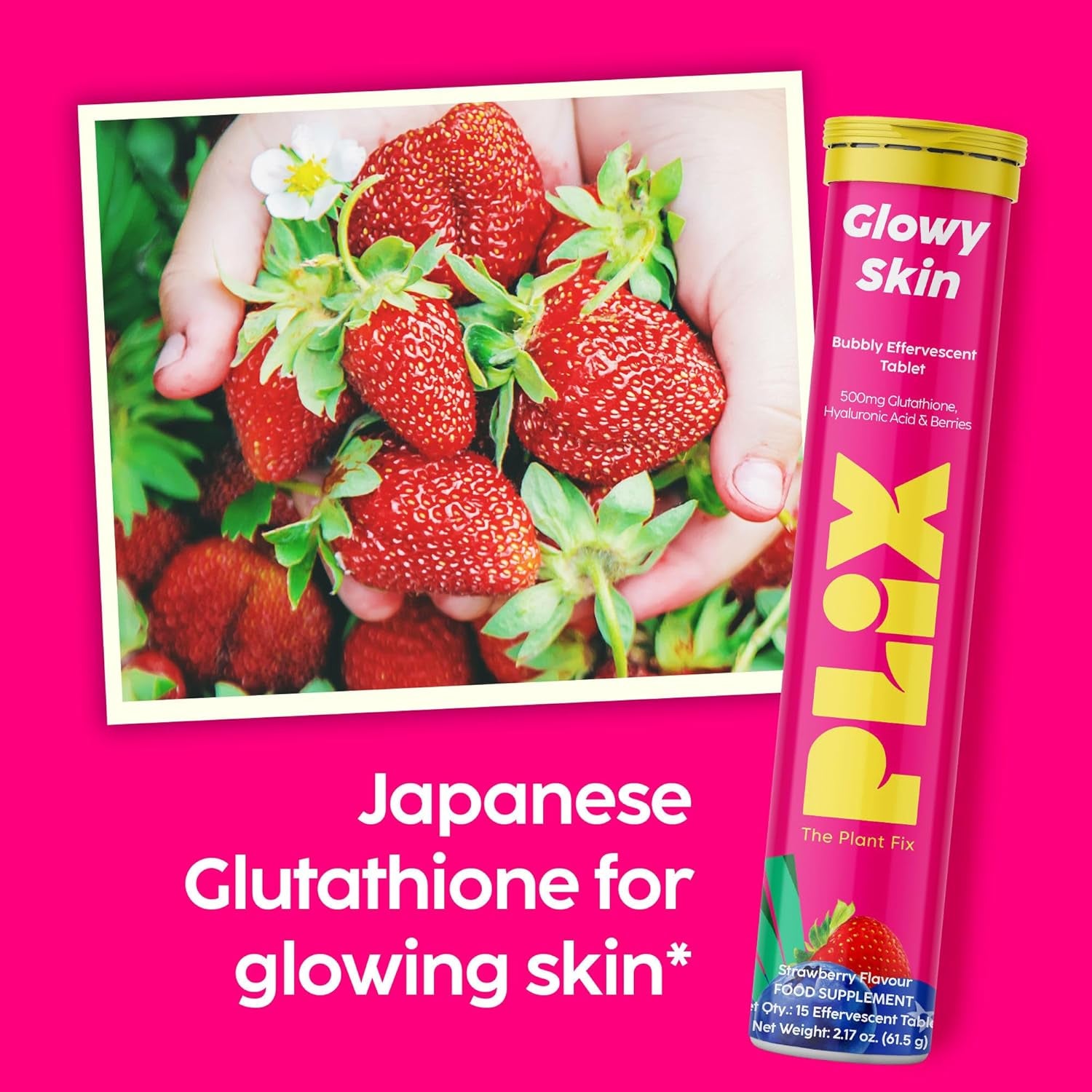 PLIX Glowy Skin 500Mg Glutathione Supplement with Hyaluronic Acid, Vitamin C, E & Berries | 30 Effervescent Tablets, Strawberry Flavor