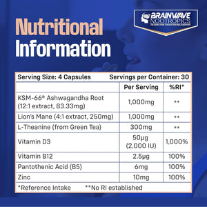Brainwave Nootropics® | High Strength Nootropic & Adaptogen Brain Function & Immune System Support Complex | Ashwagandha 1000Mg - Lion'S Mane 1000Mg - L-Theanine 300Mg - Vitamins D3, B5, B12, Zinc