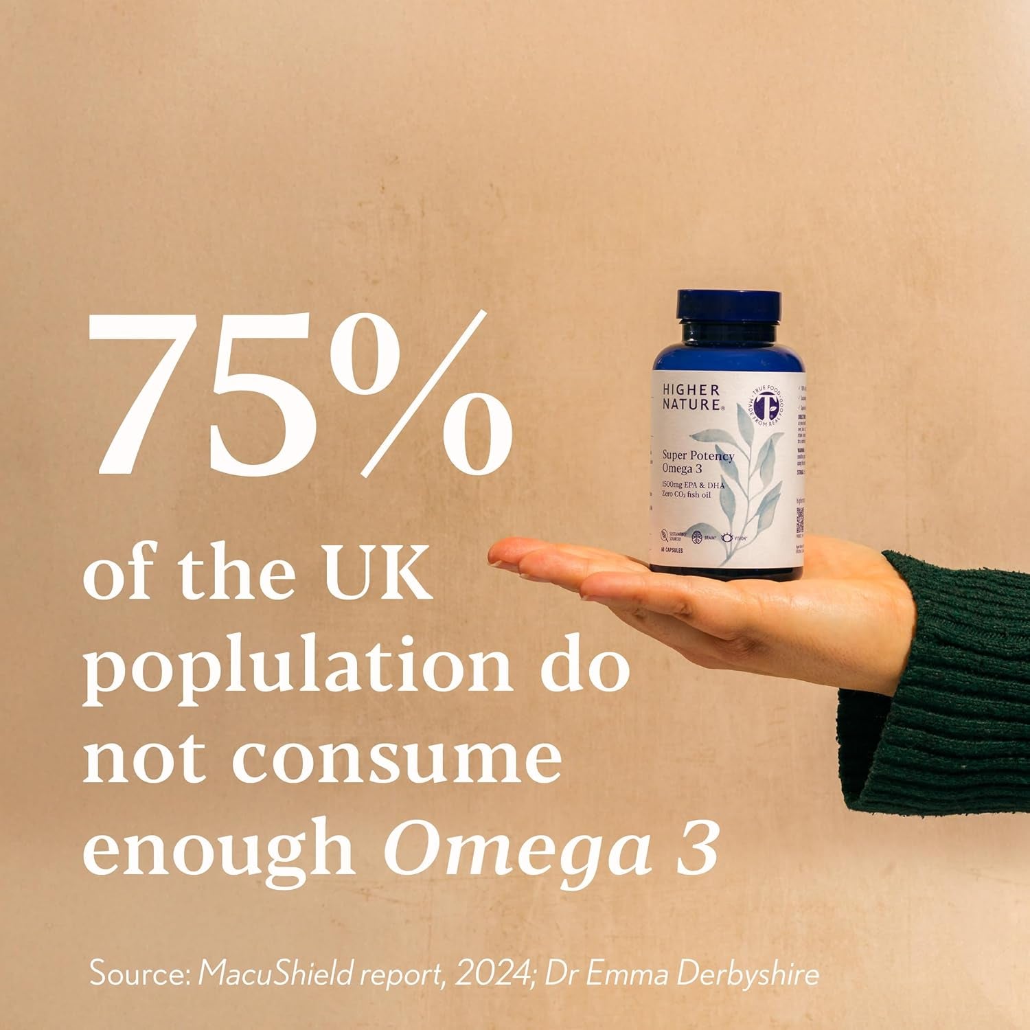 Higher Nature - Omega 3 2000Mg with 1000Mg EPA & 500Mg DHA per Serving - Super Potency Omega 3 True Food® Formula Fish Oil Supplement - Supports Eye, Brain & Heart Health - 60 Capsules