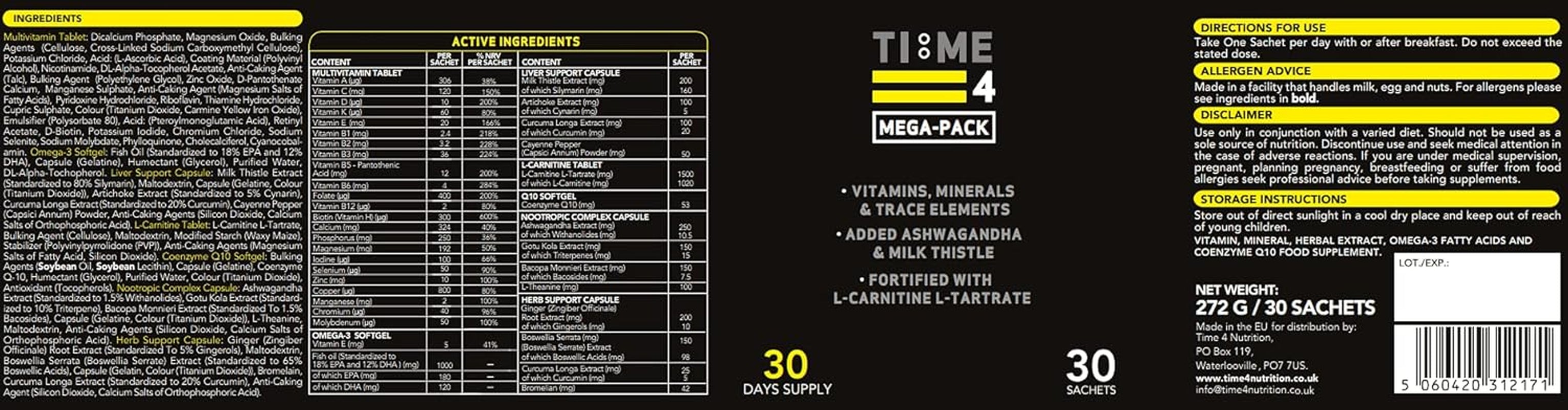 Time 4 Mega - Pack 30 Day Supply - Ultra High Strength Vitamins, Minerals, Trace Elements, Herbal Extracts, Omega 3 Fatty Acids, L-Carnitine, Coq10, Liver Support Liver Health & Nootropic Complex