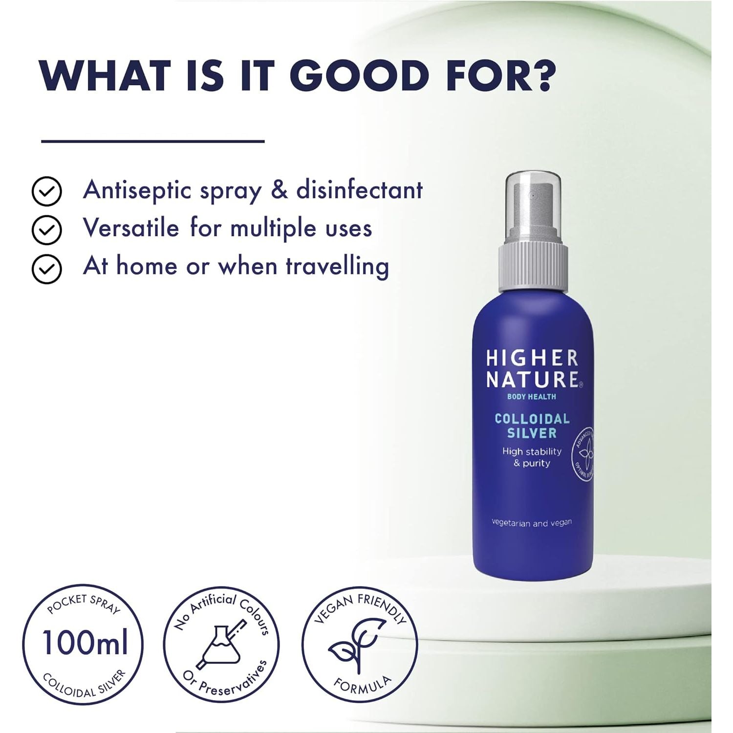 Higher Nature - Colloidal Silver - Purified Water with Premium Grade Silver - Antiseptic Spray, Disinfectant Spray, Colloidal Silver Spray - 100Ml