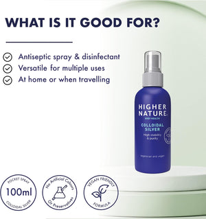 Higher Nature - Colloidal Silver - Purified Water with Premium Grade Silver - Antiseptic Spray, Disinfectant Spray, Colloidal Silver Spray - 100Ml