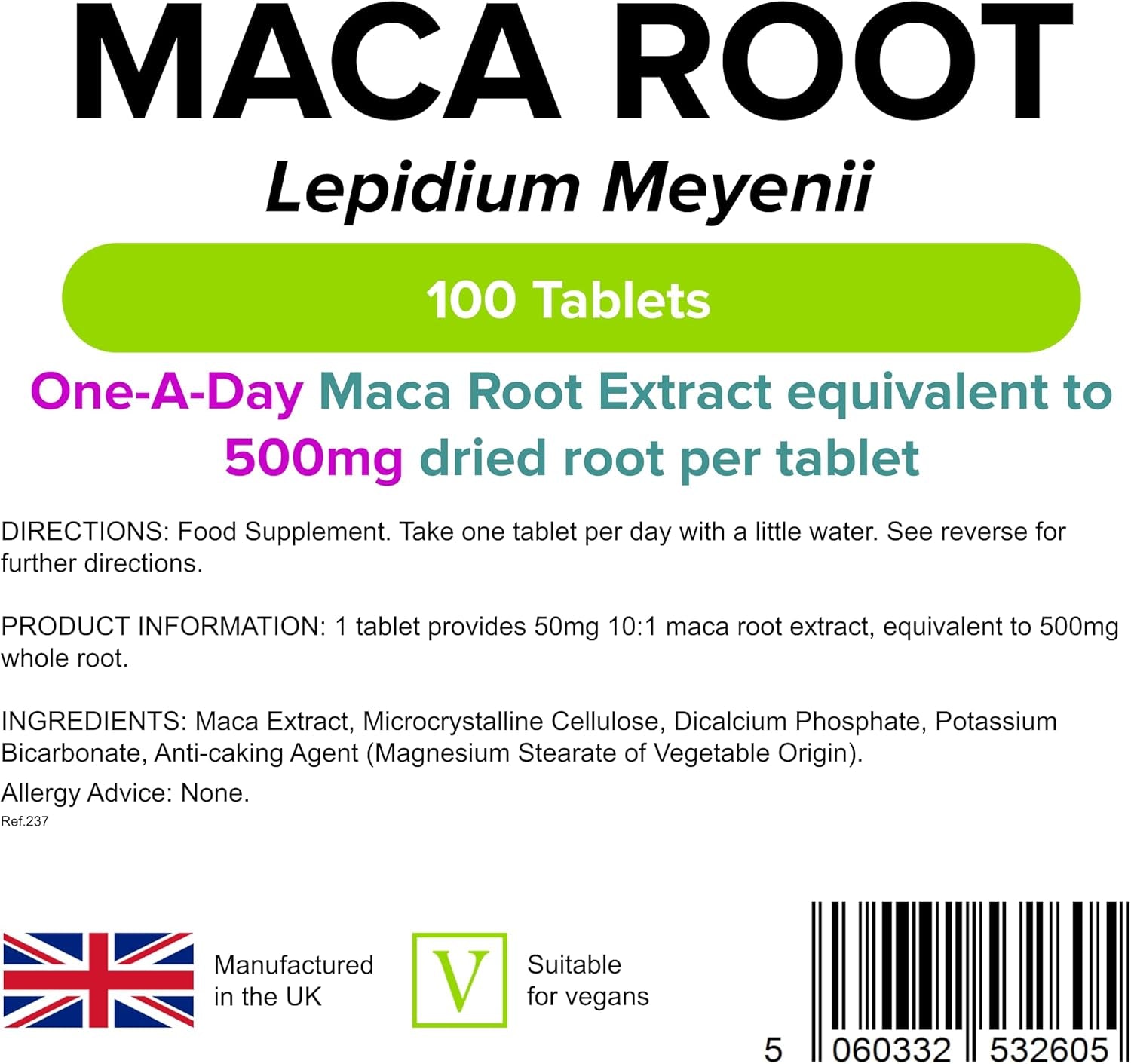 Lindens - Maca Root 500Mg, 100 Tablets - 1 a Day - UK Made - Improve Energy and Performance - Popular Botanical Food Supplement - Letterbox Friendly, Vegan