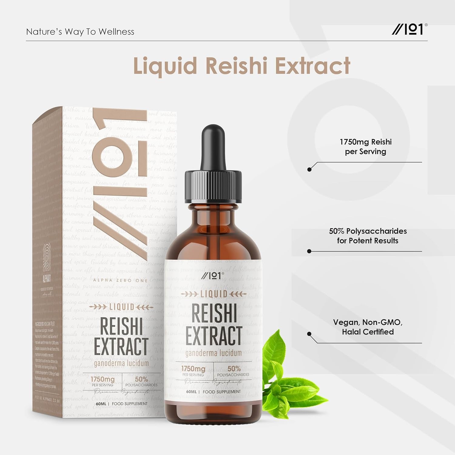 Reishi Mushroom Drops - High Strength 50% Polysaccharides Reishi Extract Supplement (Not Capsules) - 60Ml (1 Month Supply) - Vegan & Vegetarian Friendly - by Alpha01