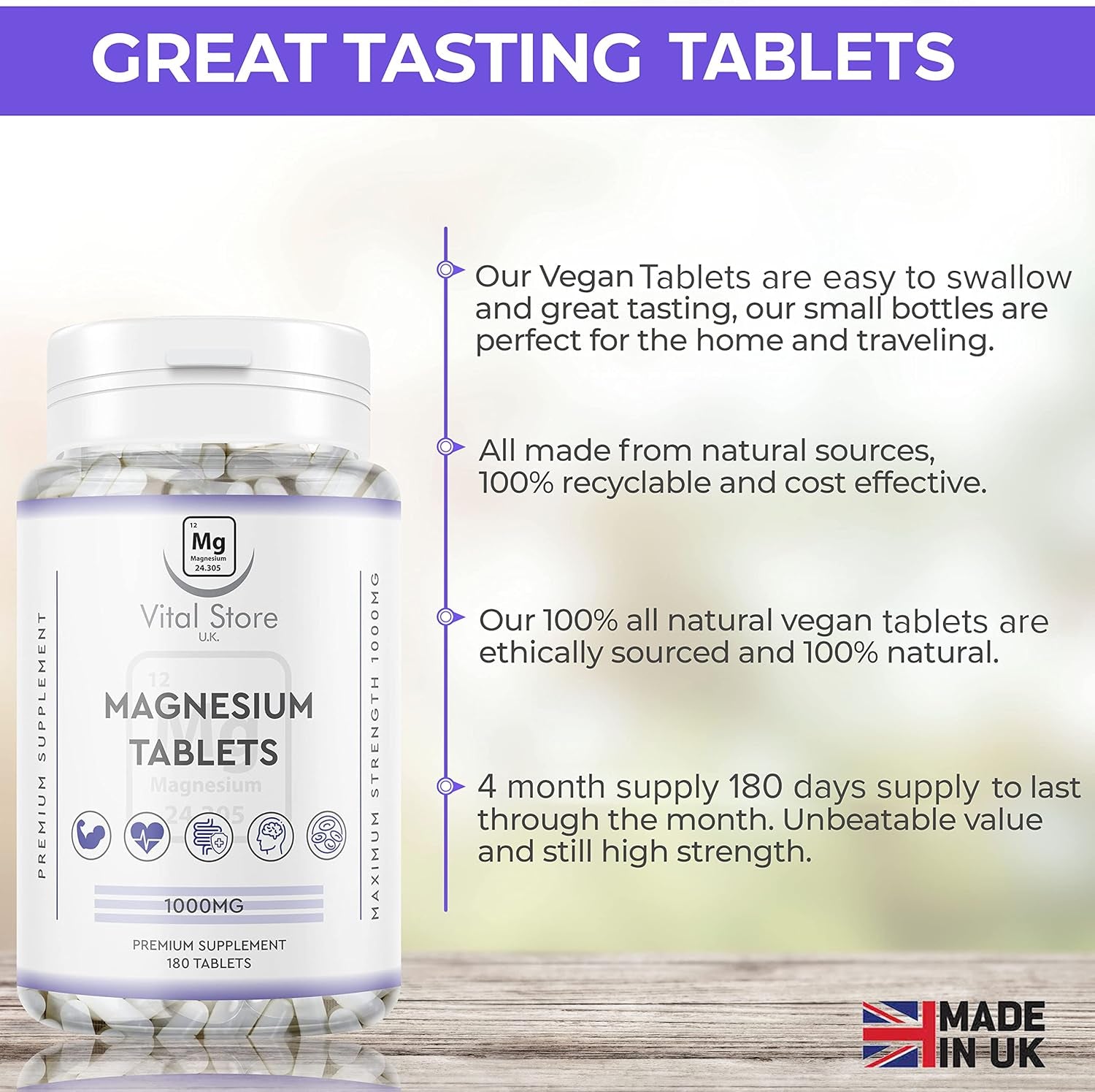 Magnesium Tablets 180Ct - 1000MG Providing 400MG Elemental Magnesium - Vegan 6 Month Supply 180 Magnesium Tablets - Magnesium Supplements