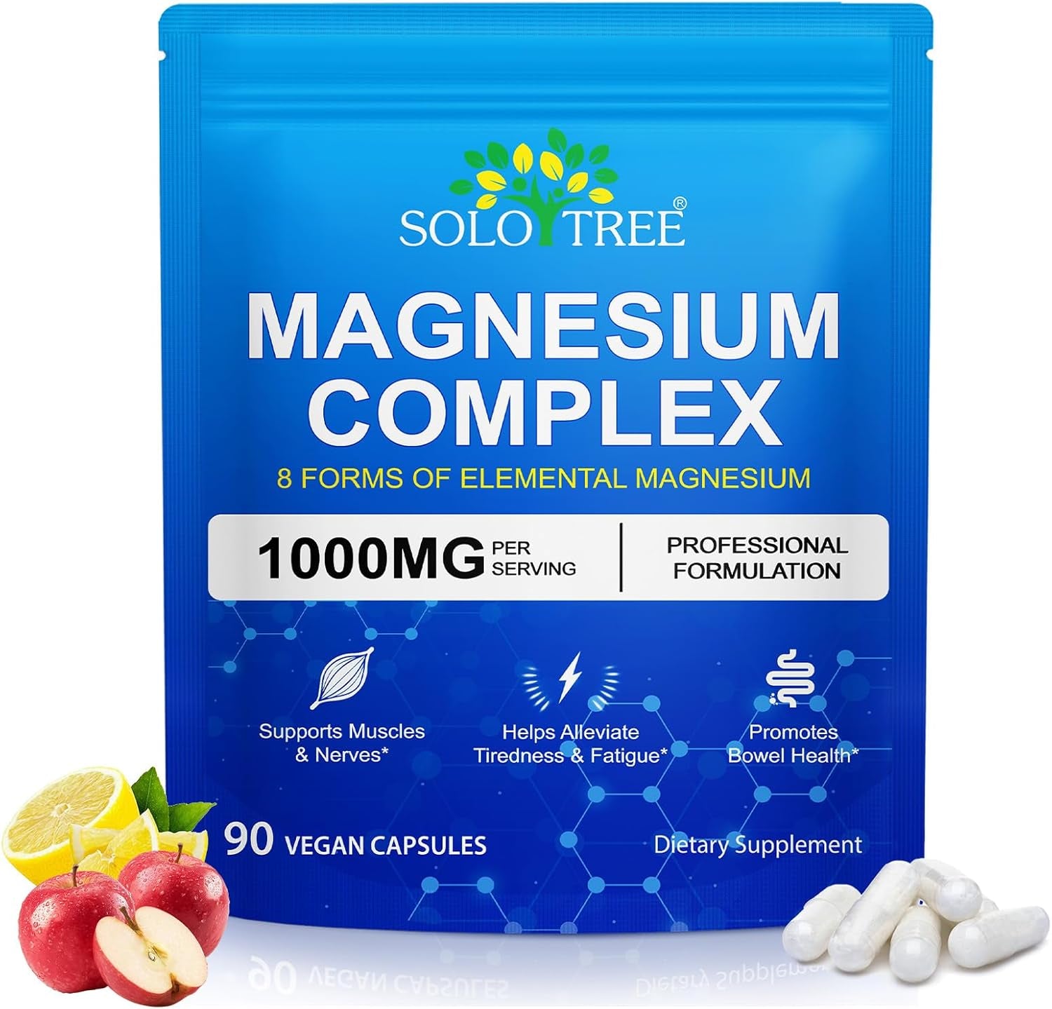8 In1 Magnesium Complex Supplement 8 Elemental 1000Mg, Magnesium Glycinate, Citrate, Malate, Taurate, Chelated for Easy Absorption for Bones, Muscle, Recovery, Energy, Vegan Non-Gmo 90 Capsules