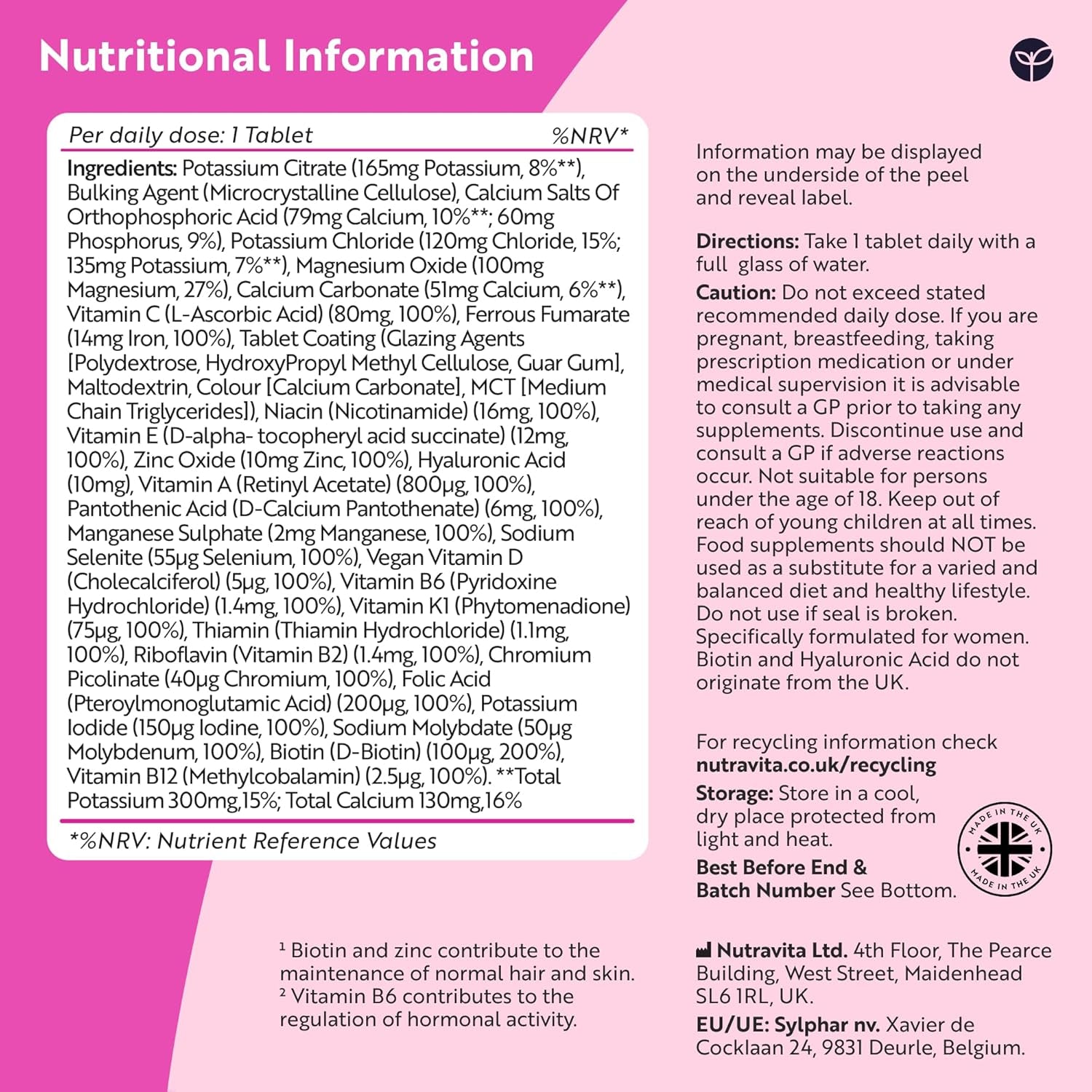 Women'S Multivitamins and Minerals - 24 Essential Active Vitamins and Minerals with Added Hyaluronic Acid - 180 Vegan Tablets - No Synthetic Fillers or Binders - Made in the UK by Nutravita