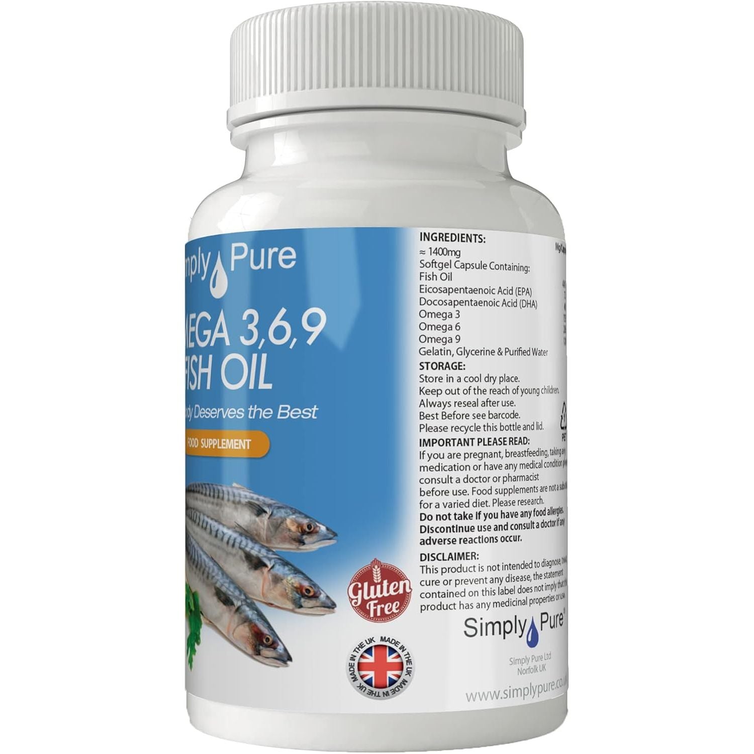 Simply Pure Omega 3,6,9 Fish Oil Complex with Flaxseed & Vitamin E for Heart Health and Joint Stiffness | Distilled for No Fishy Aftertaste | DHA and EPA | 1400Mg Capsules X 60 | Gluten Free | GM Free