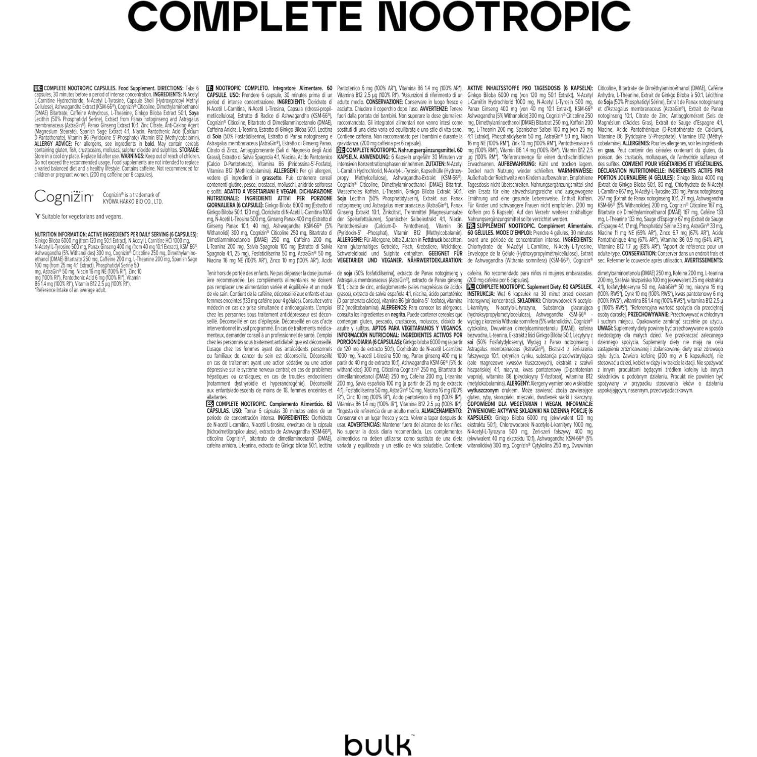 Bulk Complete Nootropic Capsules, 17 High Dose Ingredients to Contribute to Cognitive Function, Mental Performance, Concentration, Pack of 60, 10 Servings, Packaging May Vary