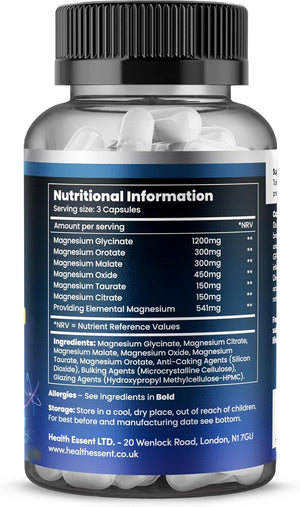Magnesium 6-In-1 Complex, 2550Mg with Magnesium Citrate, Glycinate, Malate, Oxide, Taurate and Orotate - Promotes Sleep, Energy and Muscles - for Stress & Anxiety Relief - 120 Capsules by Healthessent
