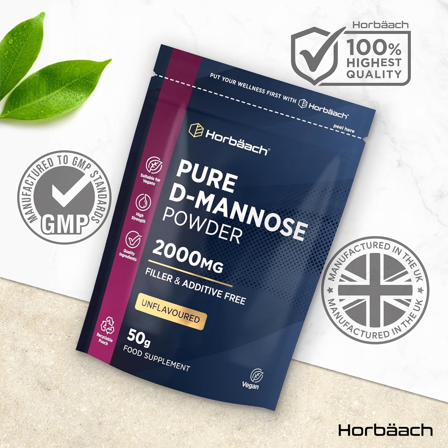 D Mannose Pure Powder 50G | 2000Mg | Unflavoured | Natural & Filler Free | Vegetarian & Vegan Friendly | High Strength Food Supplement | by Horbaach