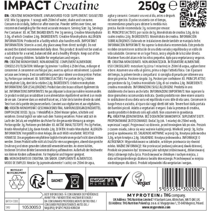 Myprotein Impact Creatine Monohydrate Powder | 250 G | Micronised Creatine for Strength, Power & Muscle Growth | 3 G per Serving | Supports High-Intensity Training & Recovery | Unflavoured