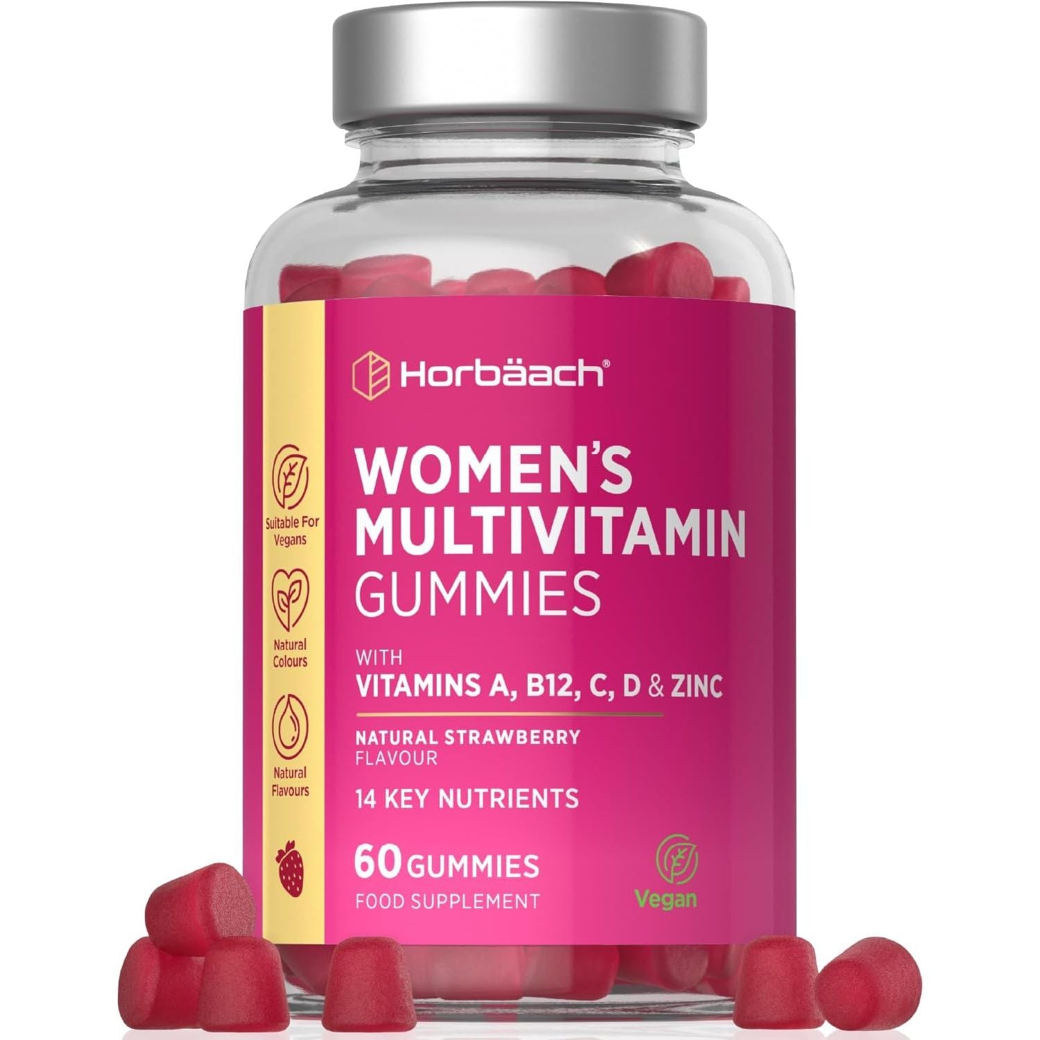 Multivitamin Gummies for Women | 14 Active Ingredients | with Zinc, Vitamins C, Biotin, B6, B12, B9 (Folic Acid) & More! | Hair, Skin and Nails | 60 Vegan Gummies - Natural Strawberry | by Horbaach