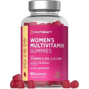Multivitamin Gummies for Women | 14 Active Ingredients | with Zinc, Vitamins C, Biotin, B6, B12, B9 (Folic Acid) & More! | Hair, Skin and Nails | 60 Vegan Gummies - Natural Strawberry | by Horbaach