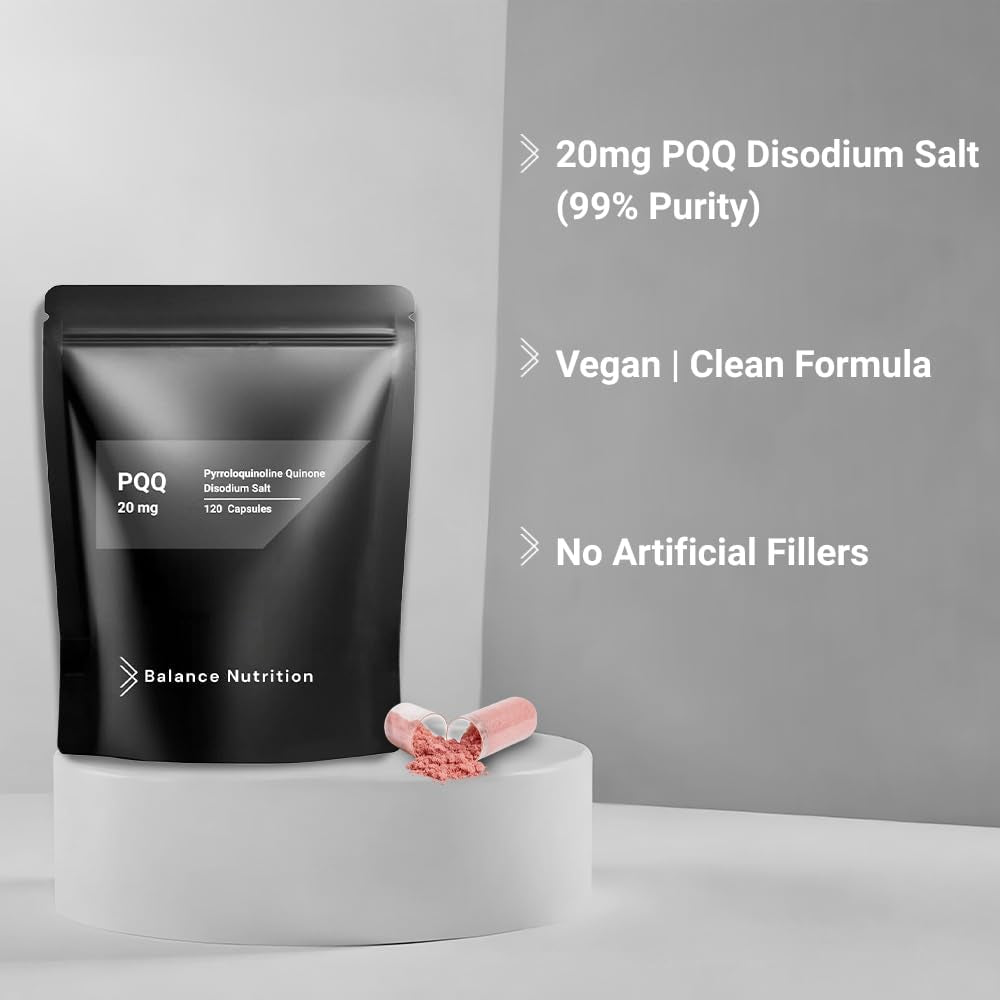 PQQ 20Mg 120 Capsules Pyrroloquinoline Quinone Supplement – High Purity >99% - PQQ Disodium Salt – Bioavailable Form - Vegan Anti-Aging Support - Mitochondrial Cellular Natural Energy Booster