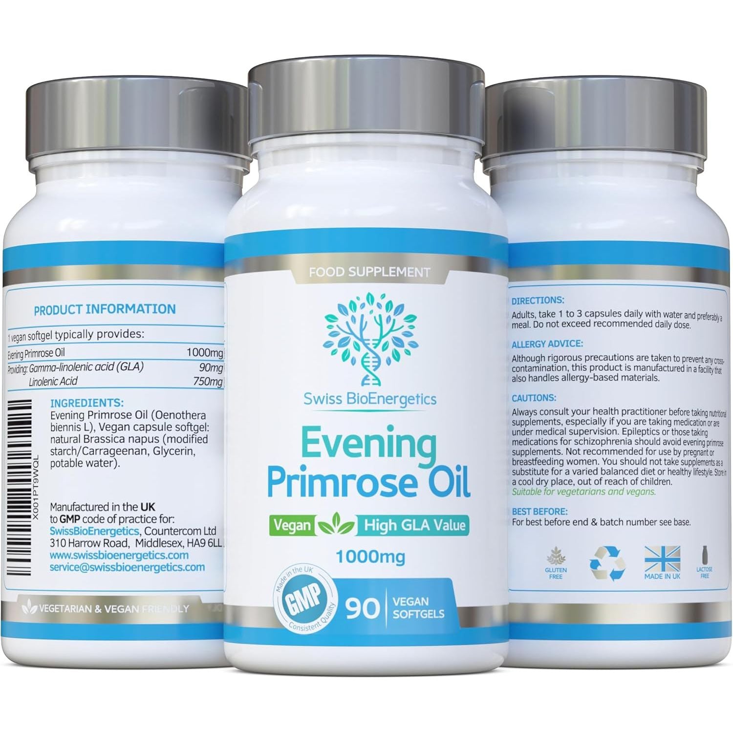 Evening Primrose Oil 1000Mg 90 Capsules - Vegan & Cold Pressed - Premium High GLA Formulation - No Gmos - UK Made Vegan Soft Gels
