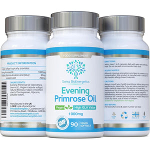 Evening Primrose Oil 1000Mg 90 Capsules - Vegan & Cold Pressed - Premium High GLA Formulation - No Gmos - UK Made Vegan Soft Gels