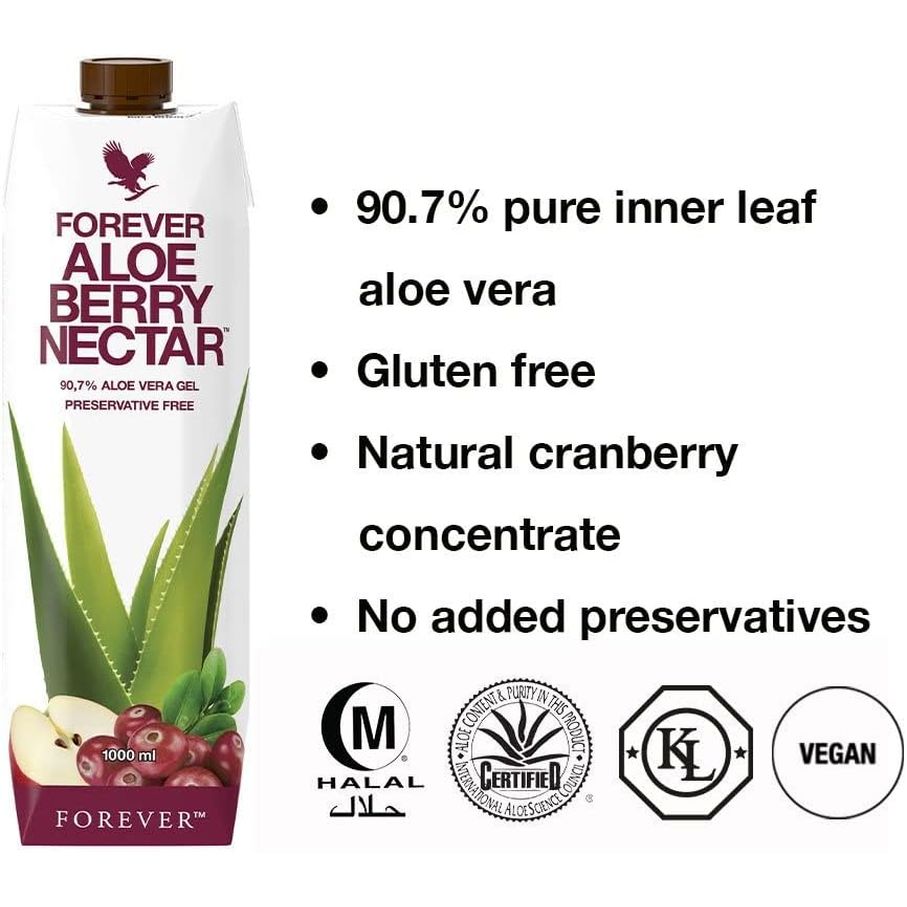 Forever Living Products Aloe Berry Nectar, 1000Ml, Cranberry-Apple Flavored Aloe Vera Gel, 90.7% Pure Inner Leaf Aloe Vera Gel, No Added Preservatives, Gluten Free