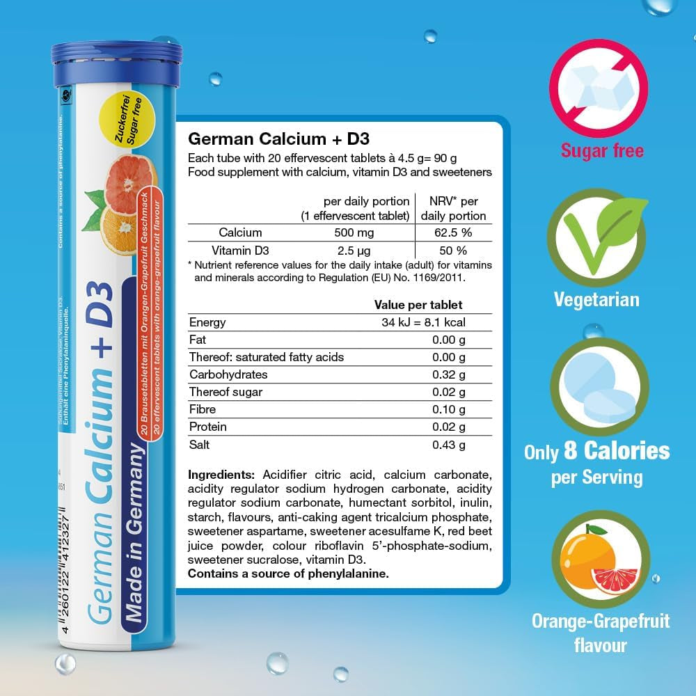 German Calcium + Vitamin D Drink Effervescent Tablets 60 Servings Orange-Grapefruit Flavour - 500 Mg Calcium, 2,5 Μg Vitamin D3 - T&D Pharma – Made in Germany