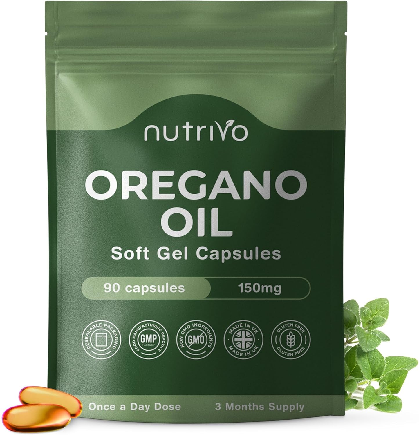 Oregano Oil Capsules | High Strength Oil of Oregano - 150Mg per Soft Gel | High Carvacrol Content | Immune & Digestive Support | Cold Pressed, Non-Gmo & UK Made