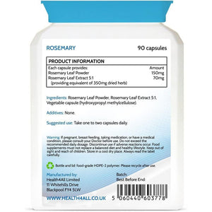 Health4All Rosemary 500Mg 90 Capsules 3 Months Supply, Pure Natural Nootropic Supplement for Memory, Focus & Learning, High Strength Rosmarinus Officinalis Capsules (Not Tablets Nor Oil) | Made in UK