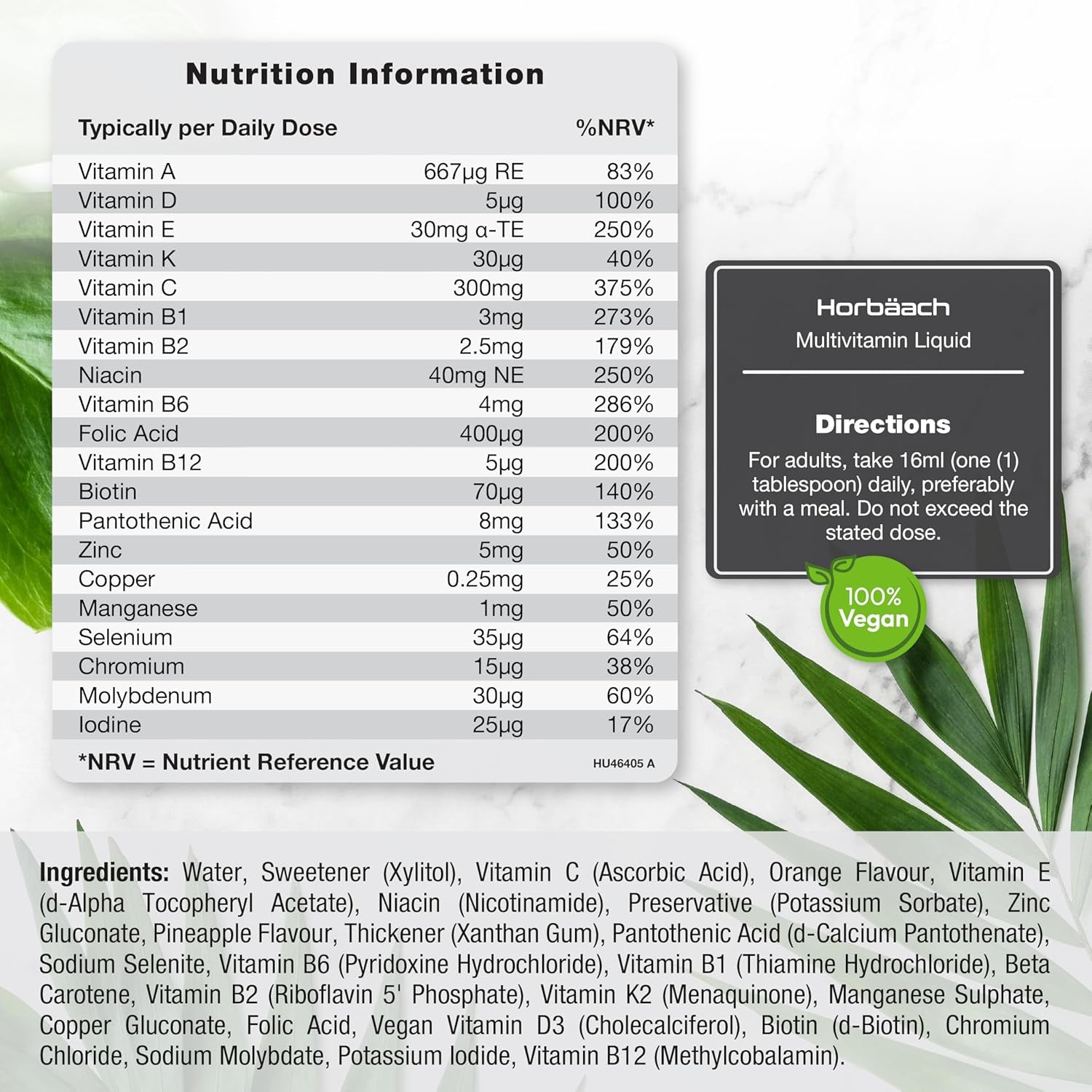 Multivitamin Liquid for Adults | 480Ml (30 Servings) | Orange Flavour | 20 Essential Nutrients for Overall Wellness | Vegan Food Supplement | by Horbaach