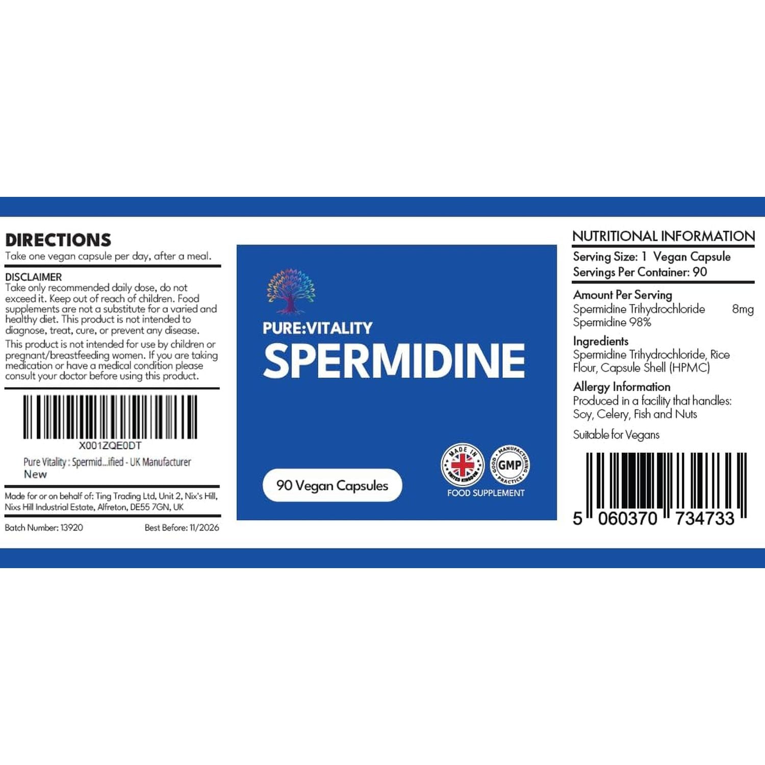 Pure Vitality : Spermidine Trihydrochloride 98% Purity - 90 X 8Mg Vegan Capsules - GMP HACCP Certified - UK Manufacturer - Gluten Free - Lab Tested - Optimal Dosage