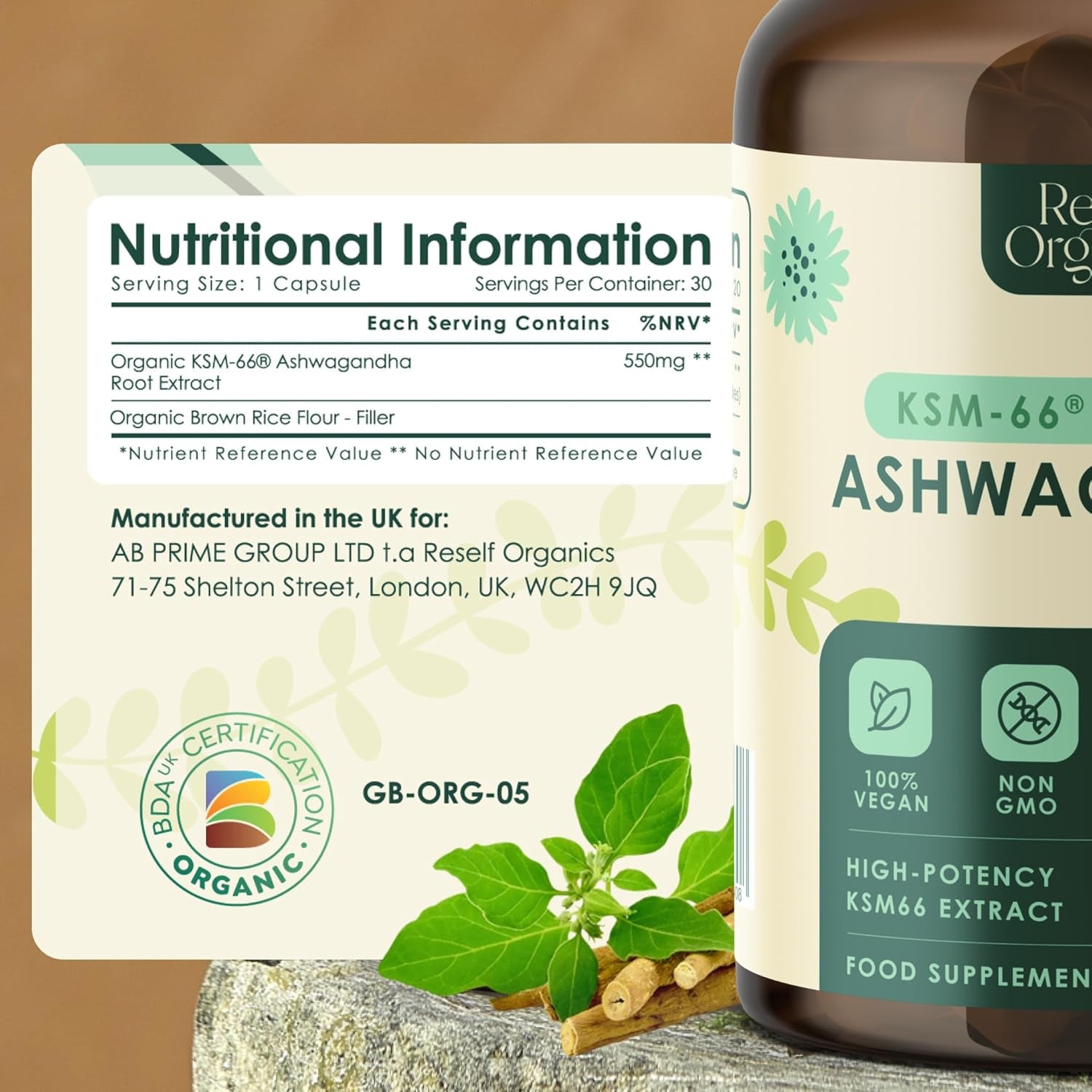 Organic Ashwagandha KSM-66® Extract - 30 Capsules 550Mg 1 Month Supply - High Strength Supplement for Performance Energy Boost Muscle Recovery Immune Support - Made in England by Reself Organics